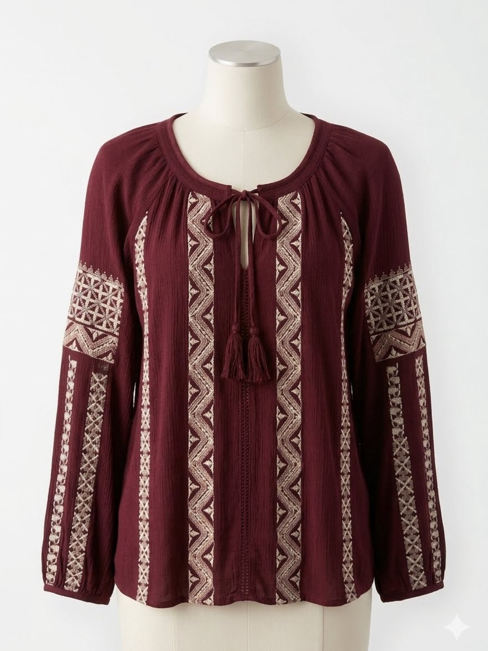 American Eagle Outfitters Maroon Embroidered Tie-Front Peasant Blouse Size XS/1P